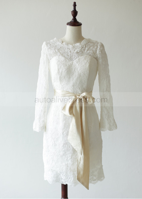 Ivory Long Sleeves Lace Knee Length Fitted Wedding Dress